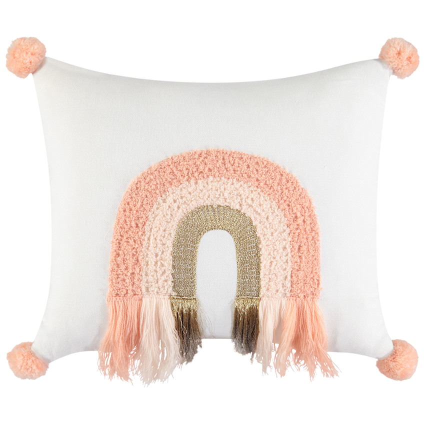Coussin décoratif à pompons et arc-en-ciel brodé 
