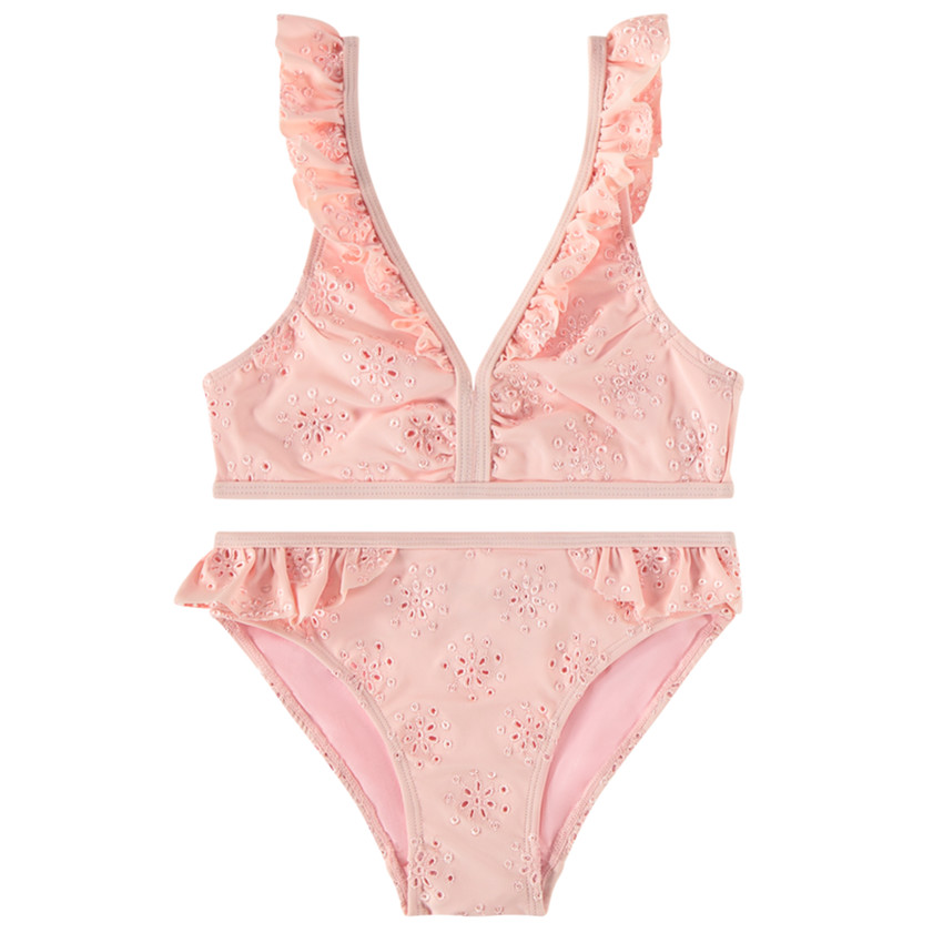 Μαγιό 2 τμχ. με λεπτομέρειες βολάν και κέντημα αγγλικό για κορίτσι 