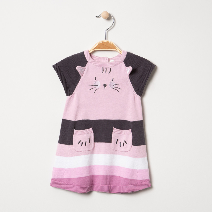 Robe manches courtes en tricot avec chat brodé et poches 