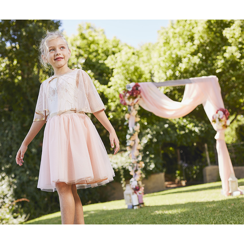 Γιορτινό φόρεμα bi-matière σε jersey και τούλι + κάπα πεταλούδα για κορίτσι 