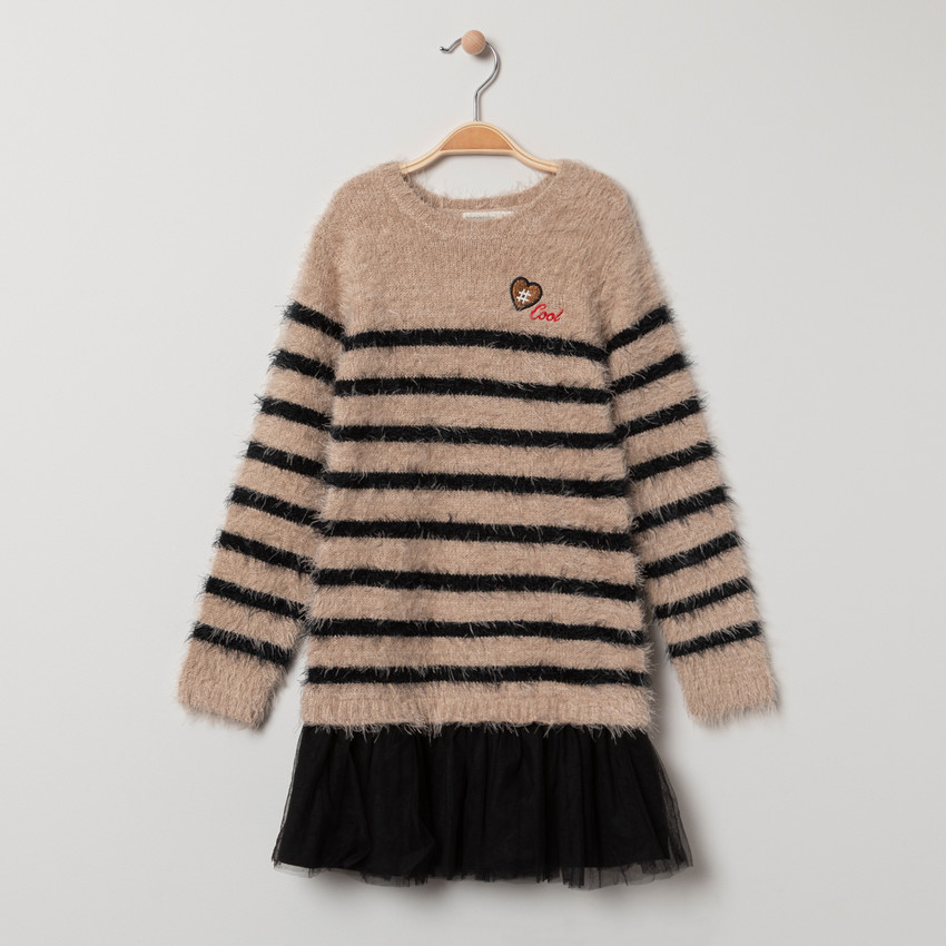 Robe tricot effet 2 en 1 bi-matière à coeur brodé et rayures 