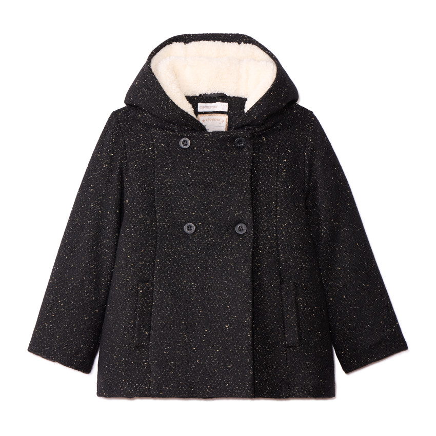 Manteau drap de laine en lurex noir et doublure sherpa pour fille  