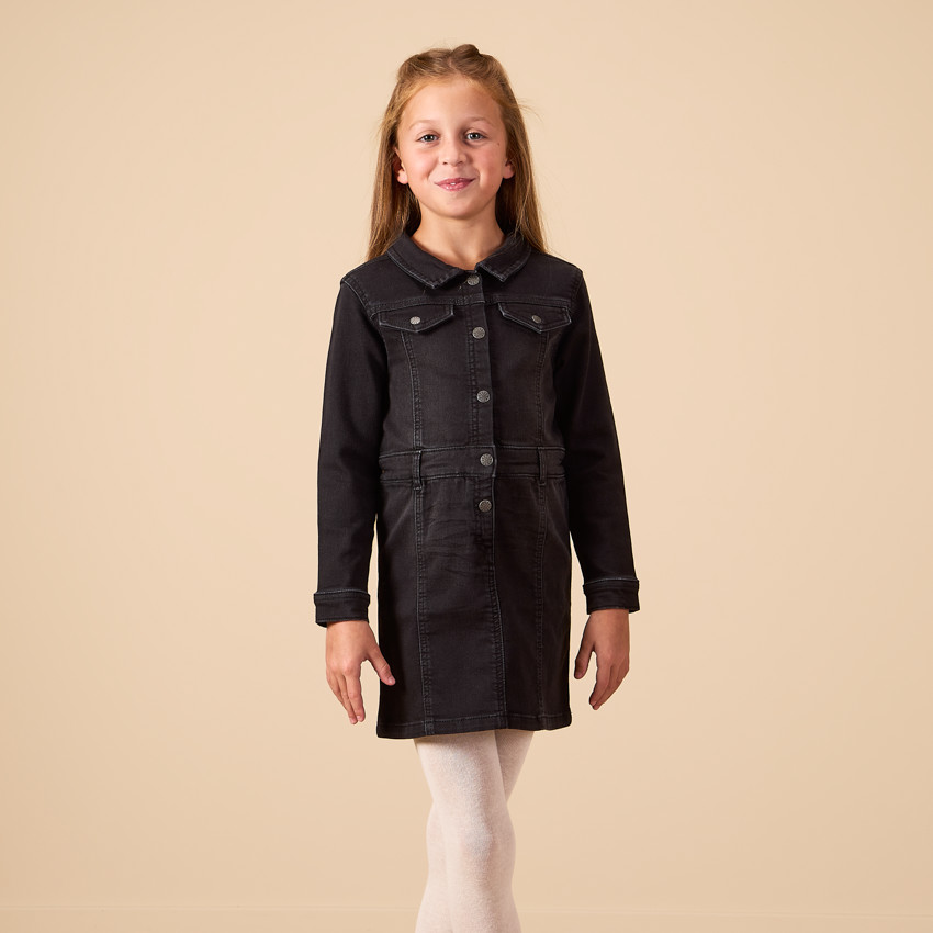 Φόρεμα μακρυμάνικο μονόχρωμο με εφέ πουκαμίσου για κορίτσι 