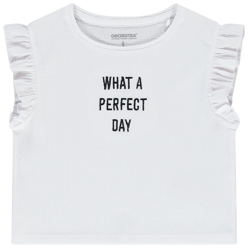 T-shirt manches courtes forme boîte effet crépon et brodé pour fille 