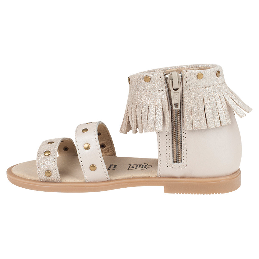 Nu-pieds en cuir beige à paillettes et col à franges 