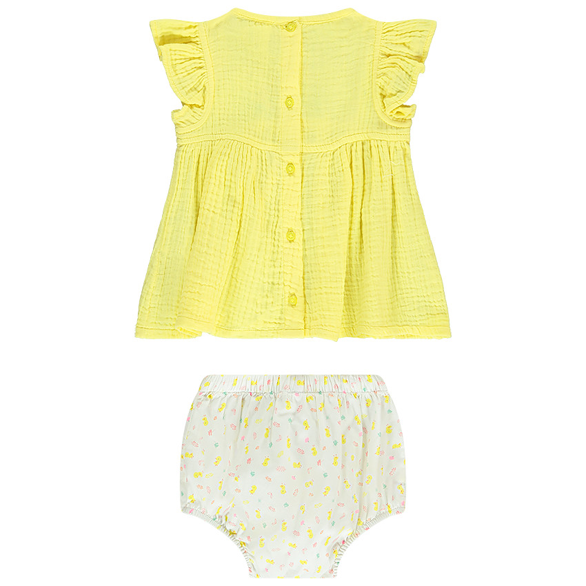 Ensemble en double gaze de coton tunique + bloomer imprimé poussin pour bébé fille 