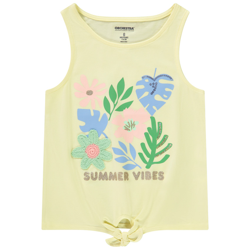 Αμάνικο μπλουζάκι με φαντεζί σχέδιο και λουλούδι πλεκτό για κορίτσι 