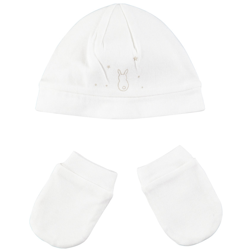 Βαμβακερό σύνολο σκούφος και γάντια με στάμπα λαγουδάκι 