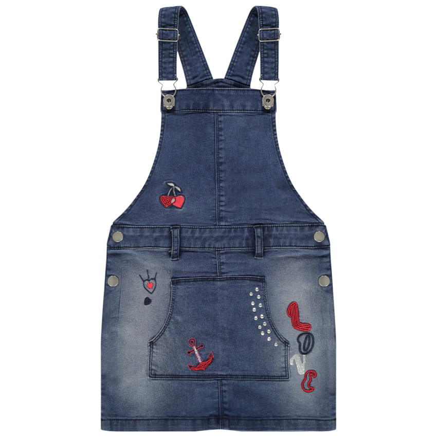 Τζιν φόρεμα-σαλοπέτα με τσέπη καγκουρό και κεντημένα μοτίβα 