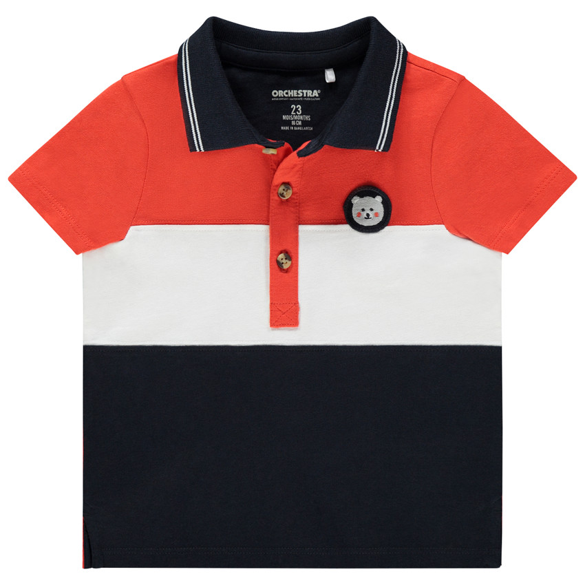 Polo manches courtes tricolore en coton badge ourson 