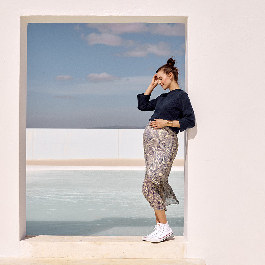 Μακριά φούστα με βολάν και αφηρημένο σχέδιο για γυναίκες 