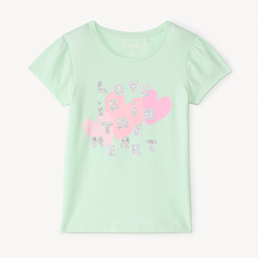 T-shirt με κοντά μανίκια με φαντεζί σχέδιο και glitter για κορίτσι 
