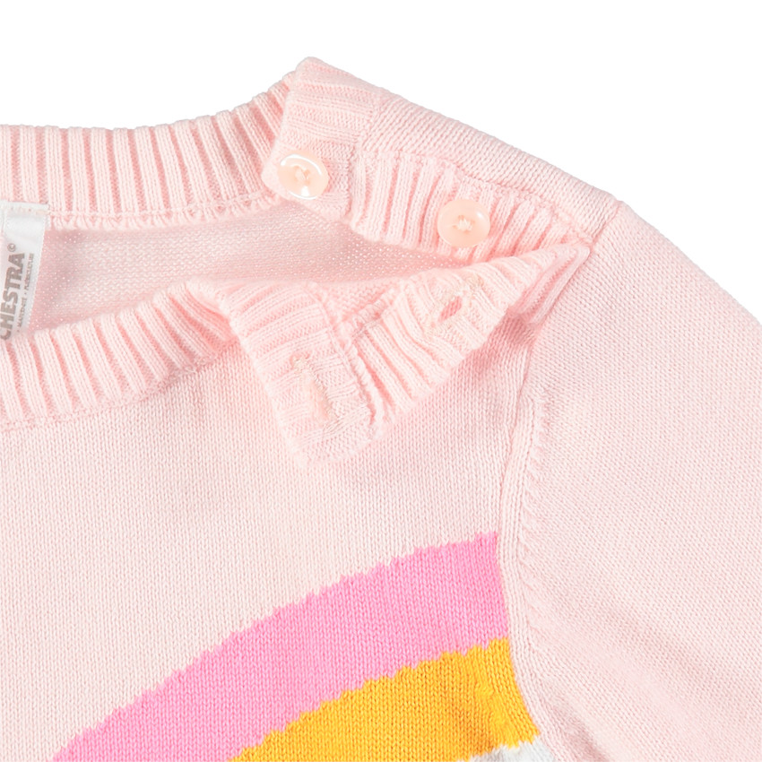 Πλεκτό πουλόβερ με ζακάρ ουράνιο τόξο και φουντίτσες 