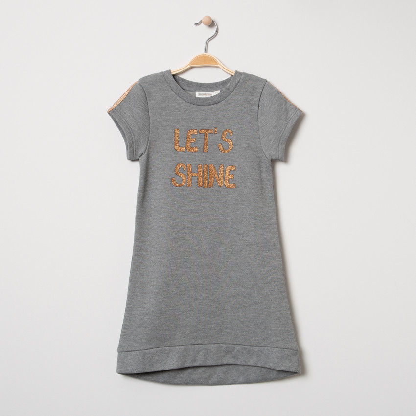 Κοντομάνικο φόρεμα από φανέλα με τυπωμένο μήνυμα με παγιέτες 