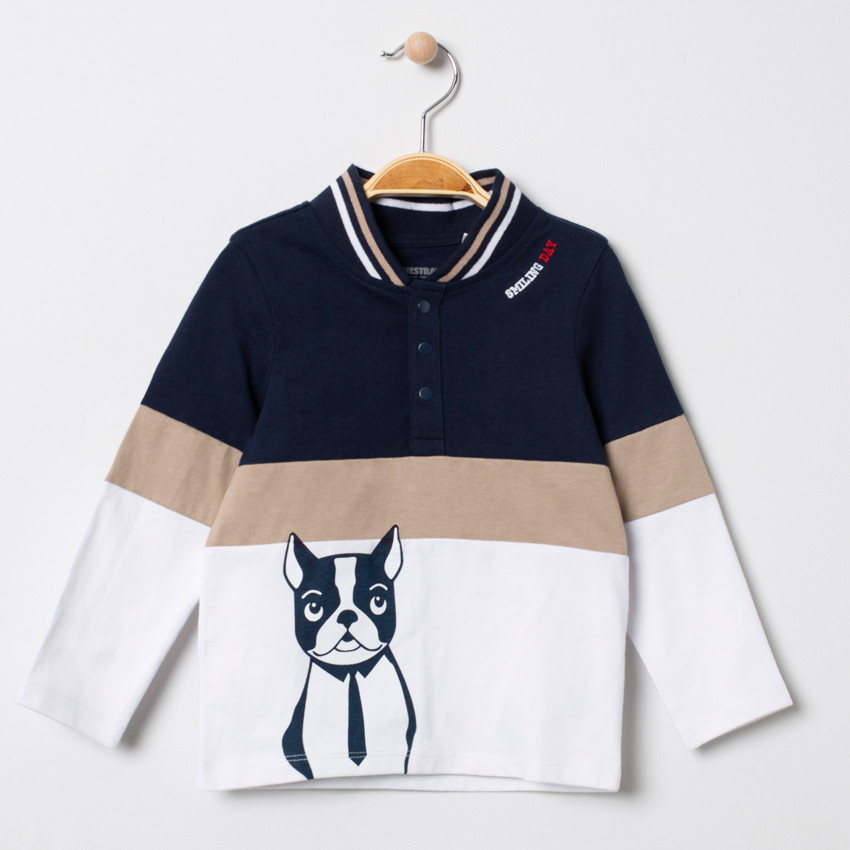 Polo tricolore col teddy print bouledogue français 