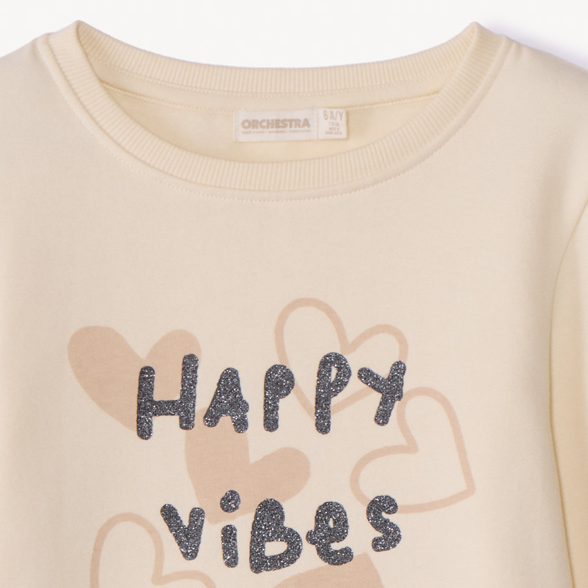 Φούτερ molleton μονόχρωμο με φαντεζί σχέδιο και glitter για κορίτσι 