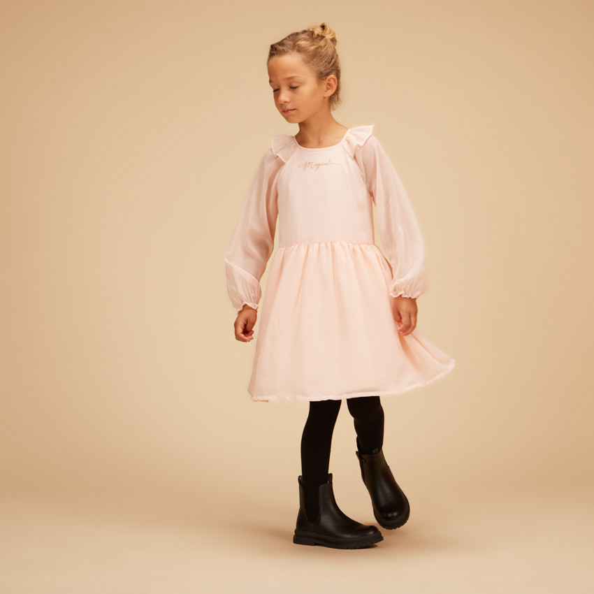 Robe manches longues unie en crêpe pour fille 