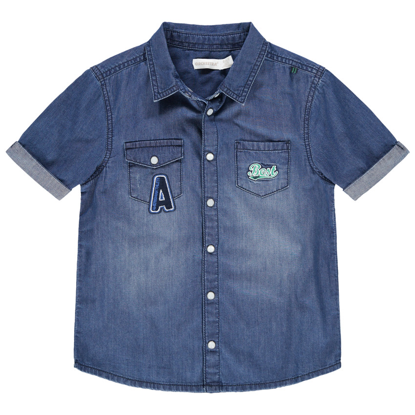 Κοντομάνικο τζιν πουκάμισο με used όψη, τσέπες και κεντήματα 