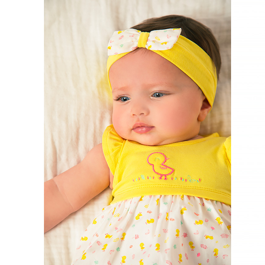 Robe 2 en 1 en jersey et voile de coton imprimé poussin pour bébé fille 