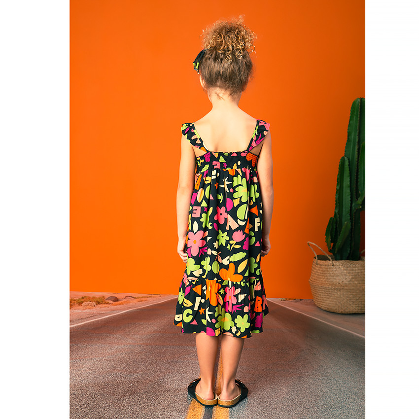 Μακριά φόρεμα με τιράντες και φούσκες σε πολύχρωμο σχέδιο για κορίτσι 