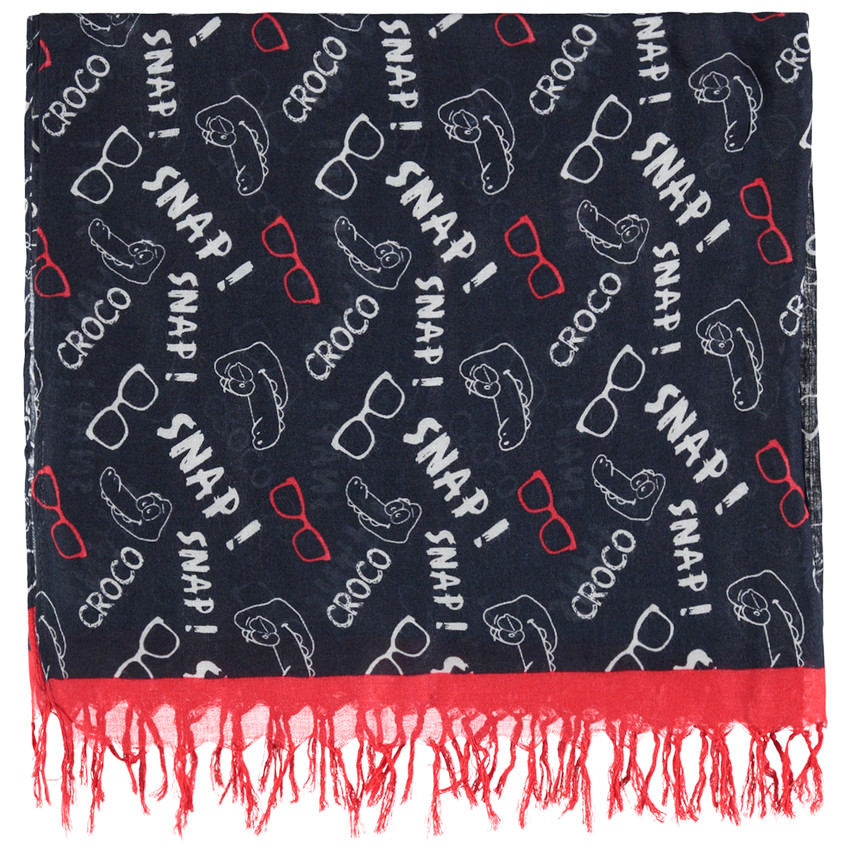 Φουλάρι από βουάλ ύφασμα με εμπριμέ μοτίβο και κρόσσια 