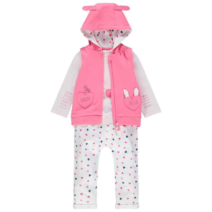 Φόρμα 3 κομματιών από βιολογικό βαμβάκι με μοτίβο καρδιές και τυπωμένα κουνελάκια 