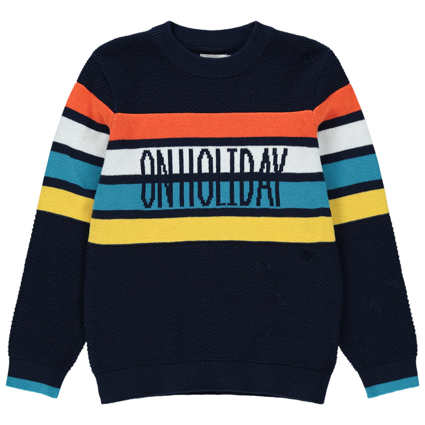 Πλεκτό σε ύφανση με διακοσμητικό σχέδιο, λωρίδες που κάνουν αντίθεση και μήνυμα ζακάρ 