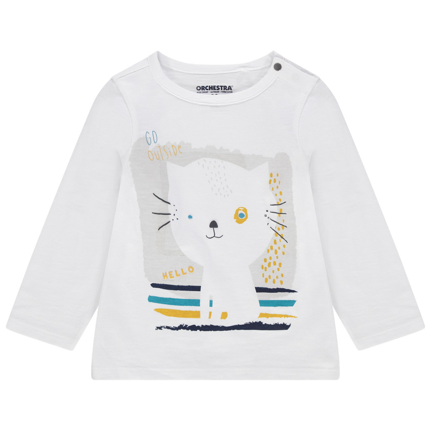 Κοντομάνικη μπλούζα από βιολογικό βαμβάκι με τυπωμένη γατούλα και σούστες στη λαιμόκοψη 