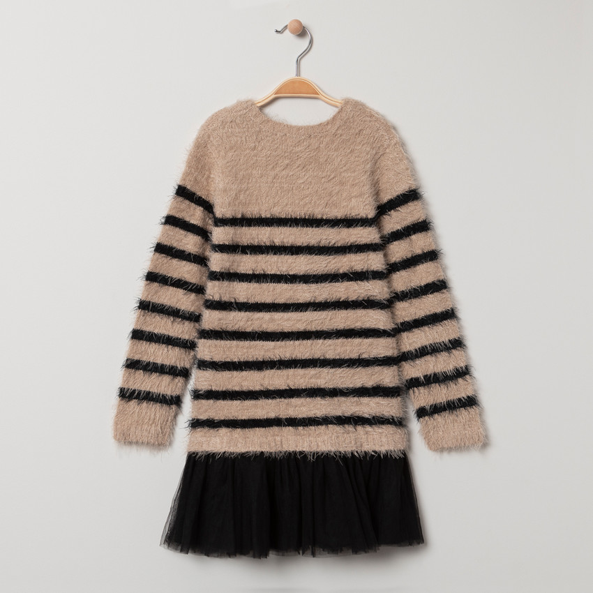 Robe tricot effet 2 en 1 bi-matière à coeur brodé et rayures 