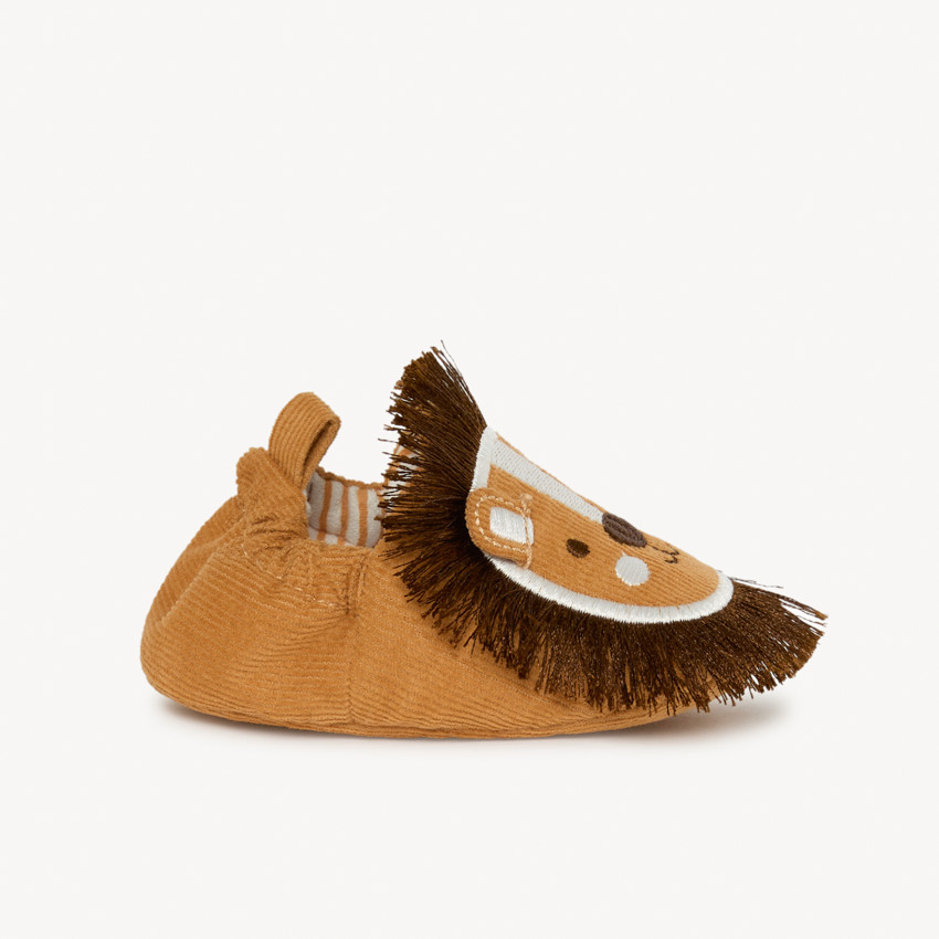 Bottillons en velours marron ludique lion pour bébé garçon 