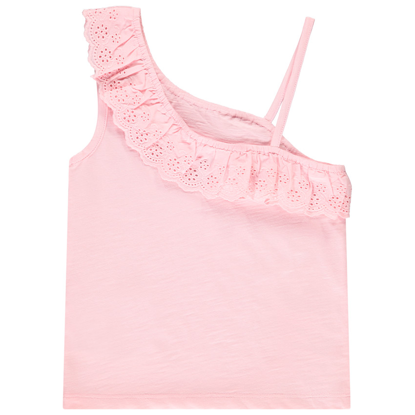 Αμάνικο μπλουζάκι με ασύμμετρες τιράντες και δαντέλα broderie anglaise για κορίτσι 