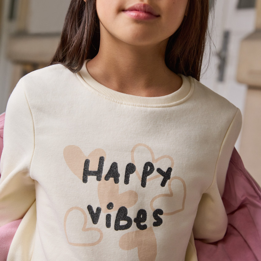 Φούτερ molleton μονόχρωμο με φαντεζί σχέδιο και glitter για κορίτσι 