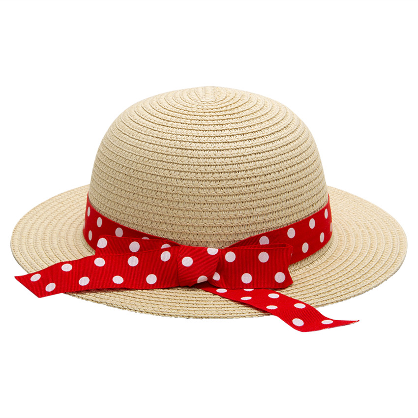 Καπέλο με όψη ψάθας και πουά κορδέλα 