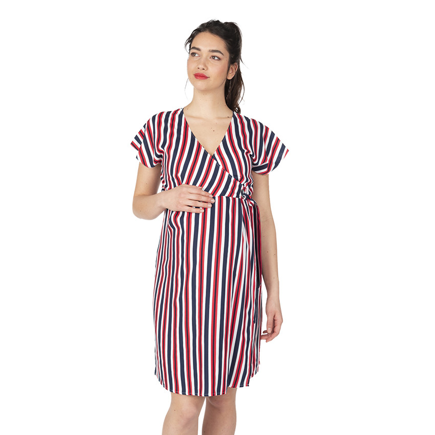 Κοντομάνικο φόρεμα σε στυλ κιμονό με κάθετες ρίγες 