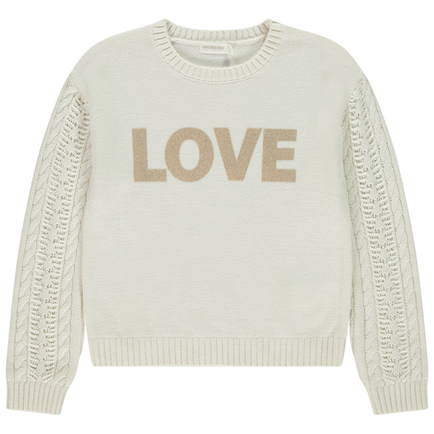 Κοντό πλεκτό πουλόβερ με ανοιχτές μανσέτες και φαντεζί σχέδιο για κορίτσι 