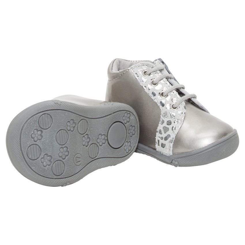 Μποτάκι ασημί δερμάτινα με φερμουάρ και κορδόνια 