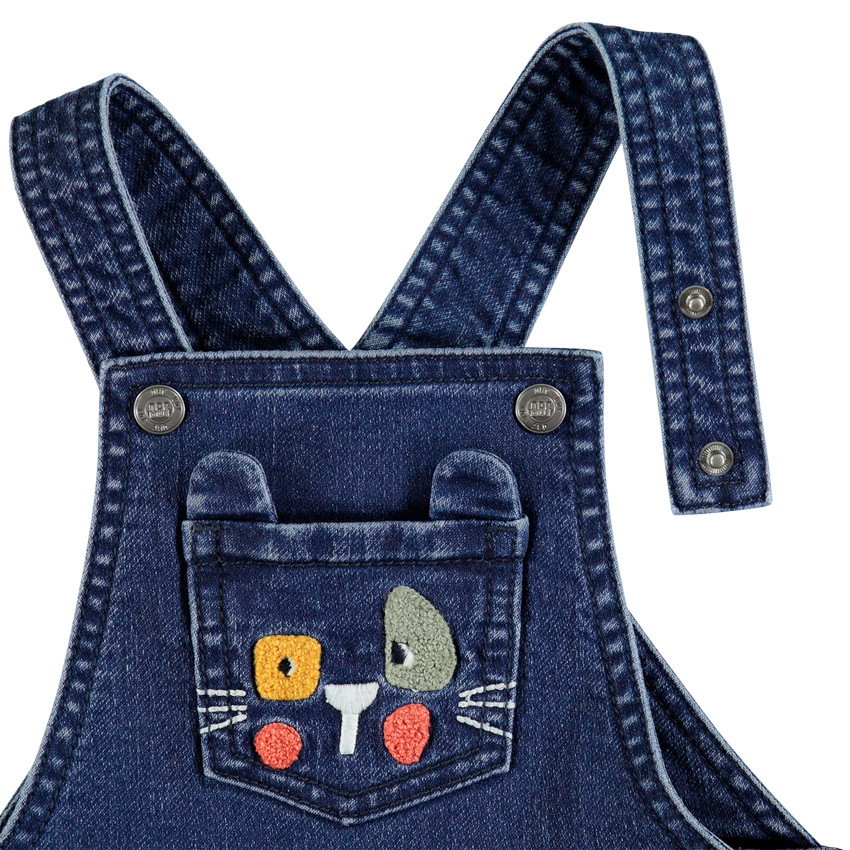 Salopette longue en jean à animal brodé sur la poche 