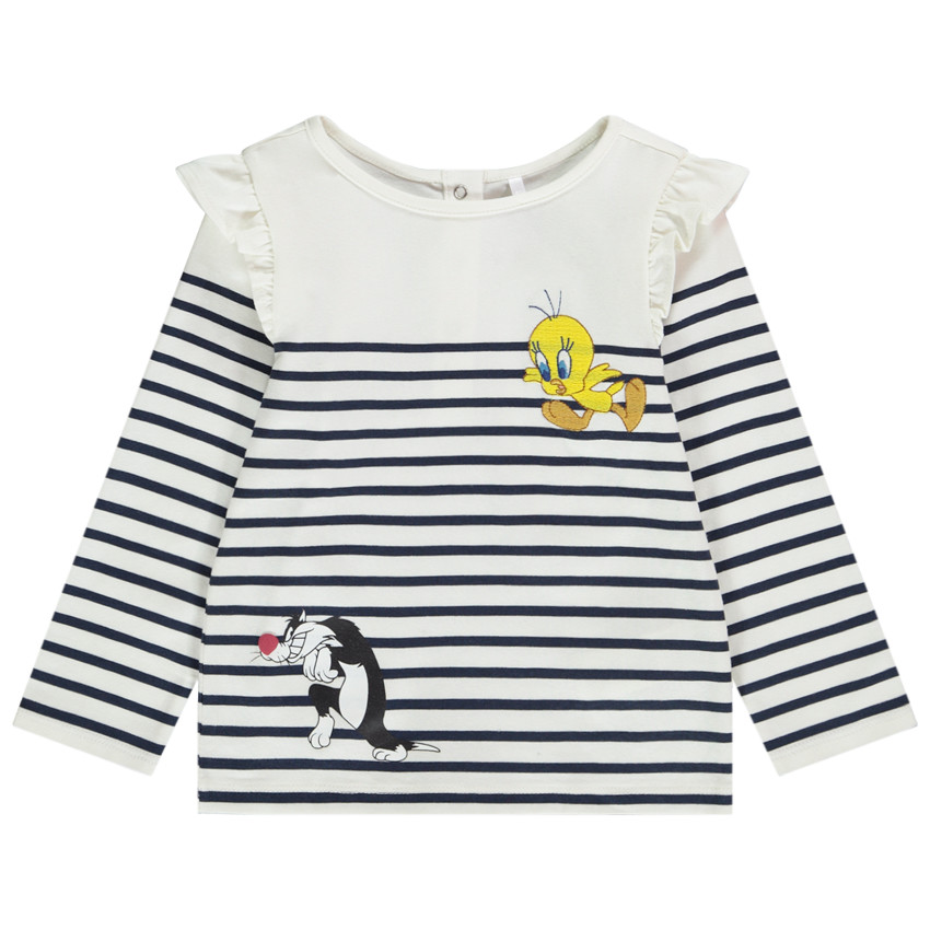T-shirt manches longues en jersey esprit marinière print et broderie Titi et Grosminet pour bébé fille Main T-shirt manches longues en jersey esprit marinière print et broderie Titi et Grosminet pour bébé fille