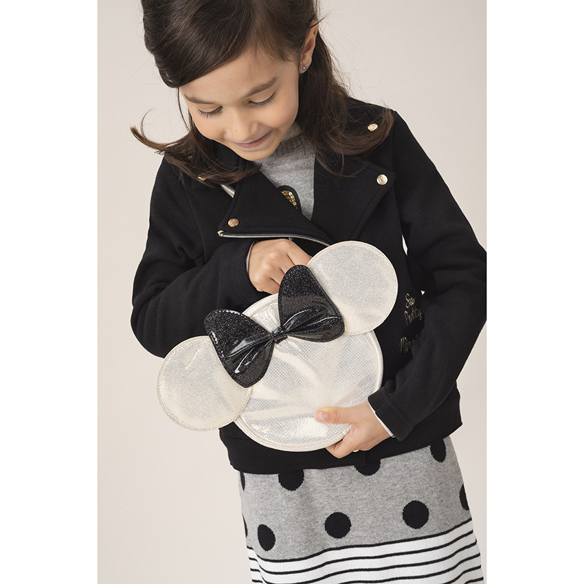 Πλεκτό κοντομάνικο φόρεμα με στάμπα τη Μίνι της Disney και χρυσαφί φιόγκο 