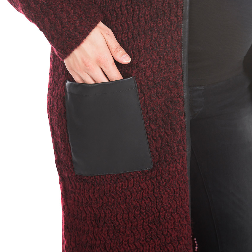 Μακριά Πλεκτή Ζακέτα Εγκυμοσύνης Με Λεπτομέρειες Από Συνθετικό Δέρμα 