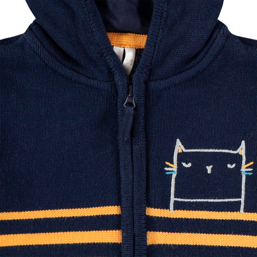 Πλεκτή ζακέτα με κουκούλα, ρίγες και κεντημένη γάτα 