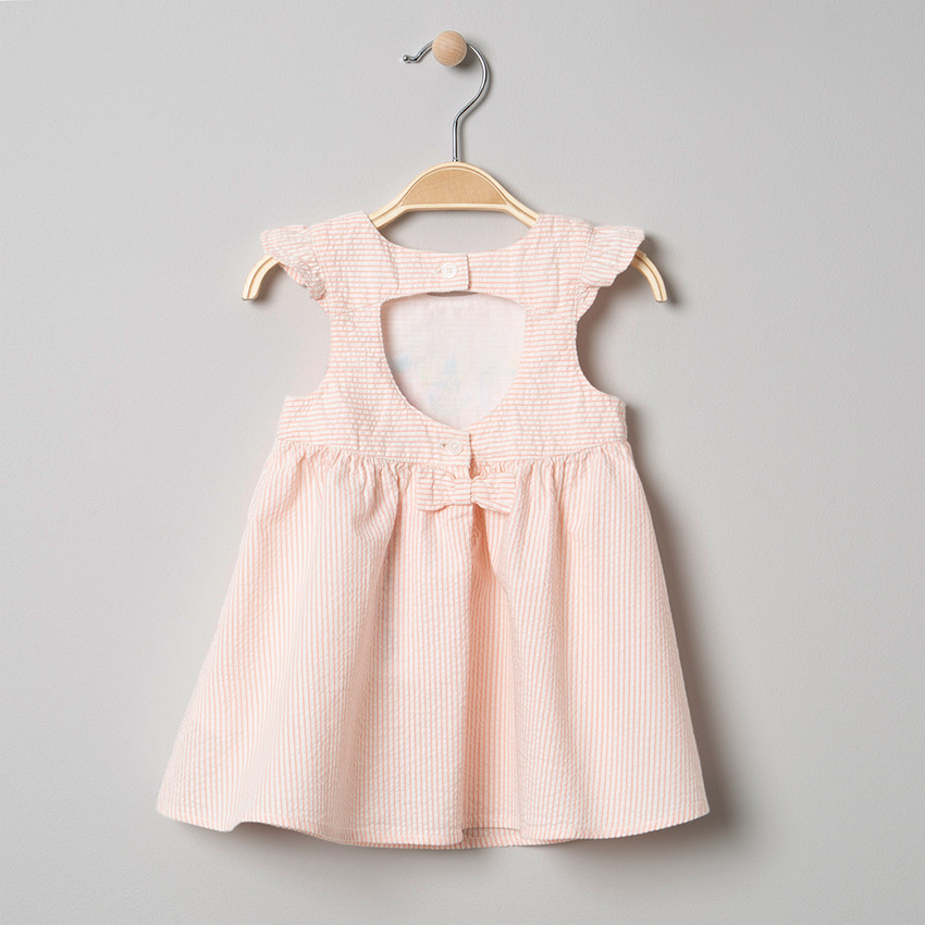 Φόρεμα αμάνικο σε broderie ριγέ με φρούτα και Smiley κέντημα 