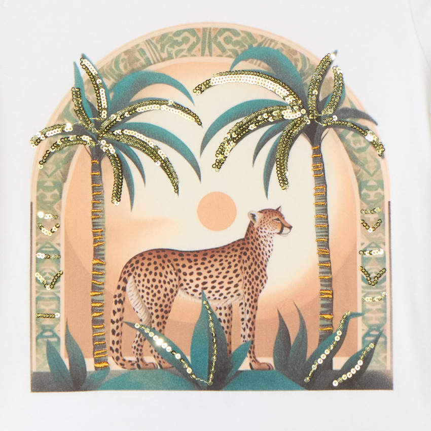 T-shirt avec épaules dénudées imprimé léopard à sequins pour fille 