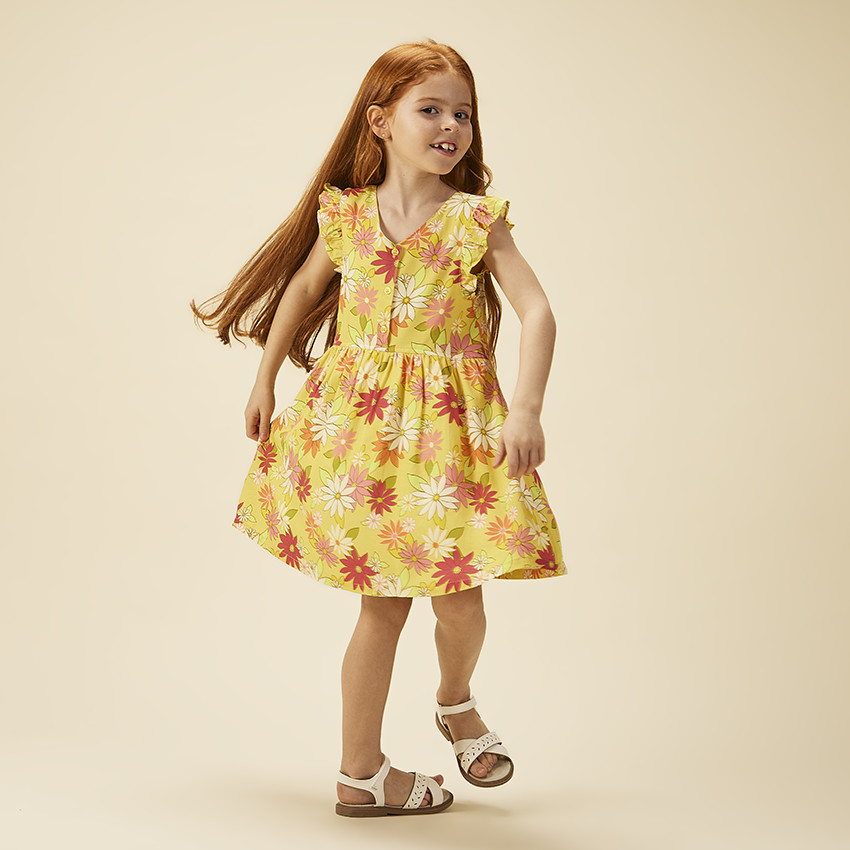 Ρόμπα κοντομάνικη με βολάν και floral σχέδιο για κορίτσι 