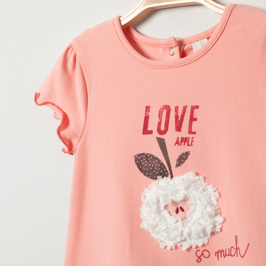 Φόρεμα κοντομάνικο effet 2 σε 1 bi-matière με σχέδιο μήλα 