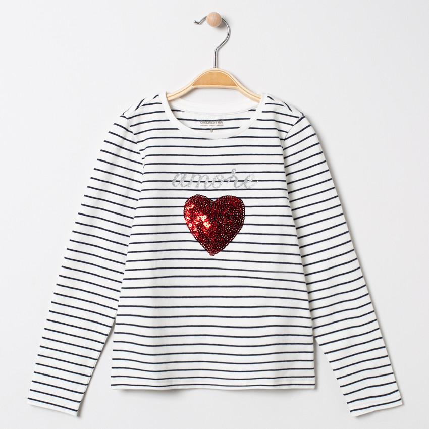 Μακρυμάνικο μπλουζάκι ριγέ με καρδιά από παγιέτες 