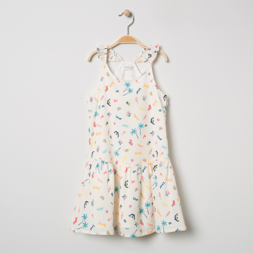 Φόρεμα εμπριμέ με βολάν στις τιράντες και στο κάτω μέρος   