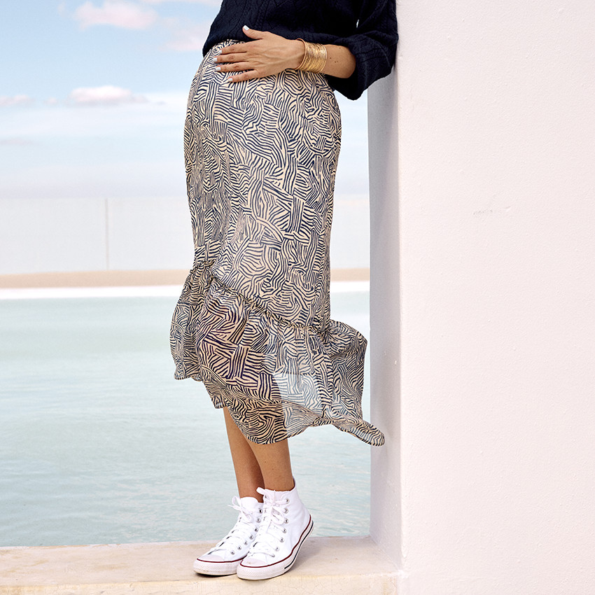 Μακριά φούστα με βολάν και αφηρημένο σχέδιο για γυναίκες 