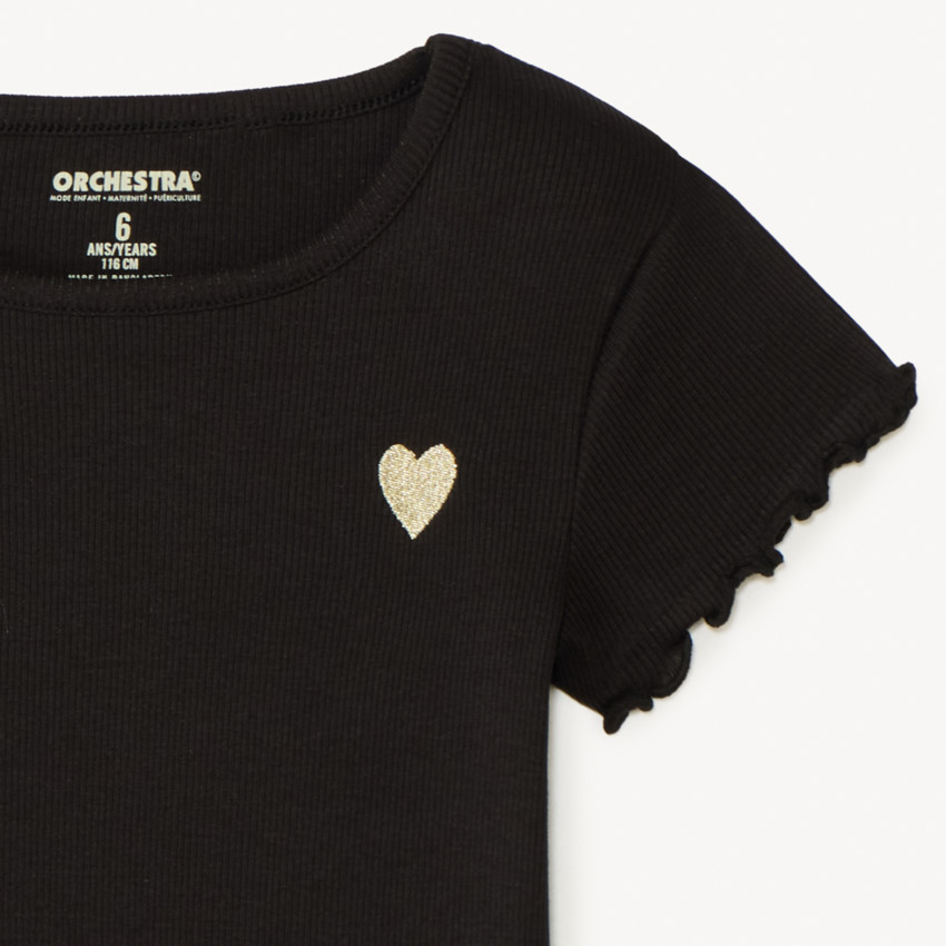 Κοντομάνικο T-shirt από πλεκτό με κέντημα καρδιά κορίτσι 