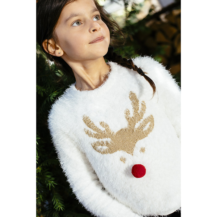 Pull de Noël en tricot poil motif élan et nez en pompon 